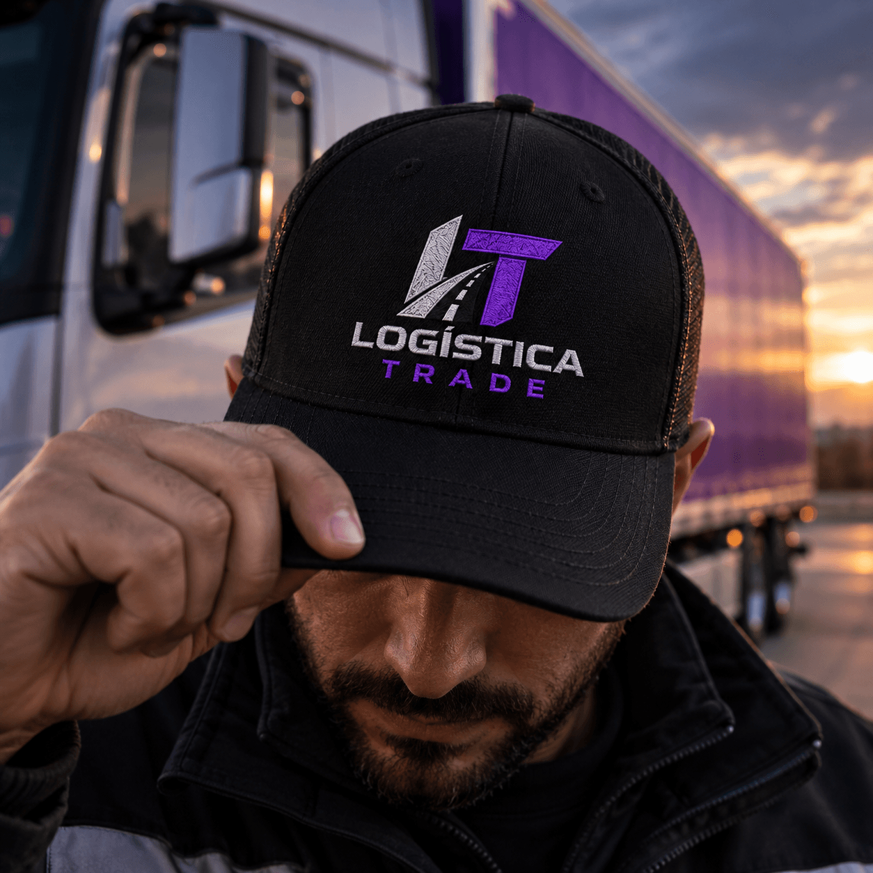 Conductor con gorra de Logística Trade, frente a un camión de la flota